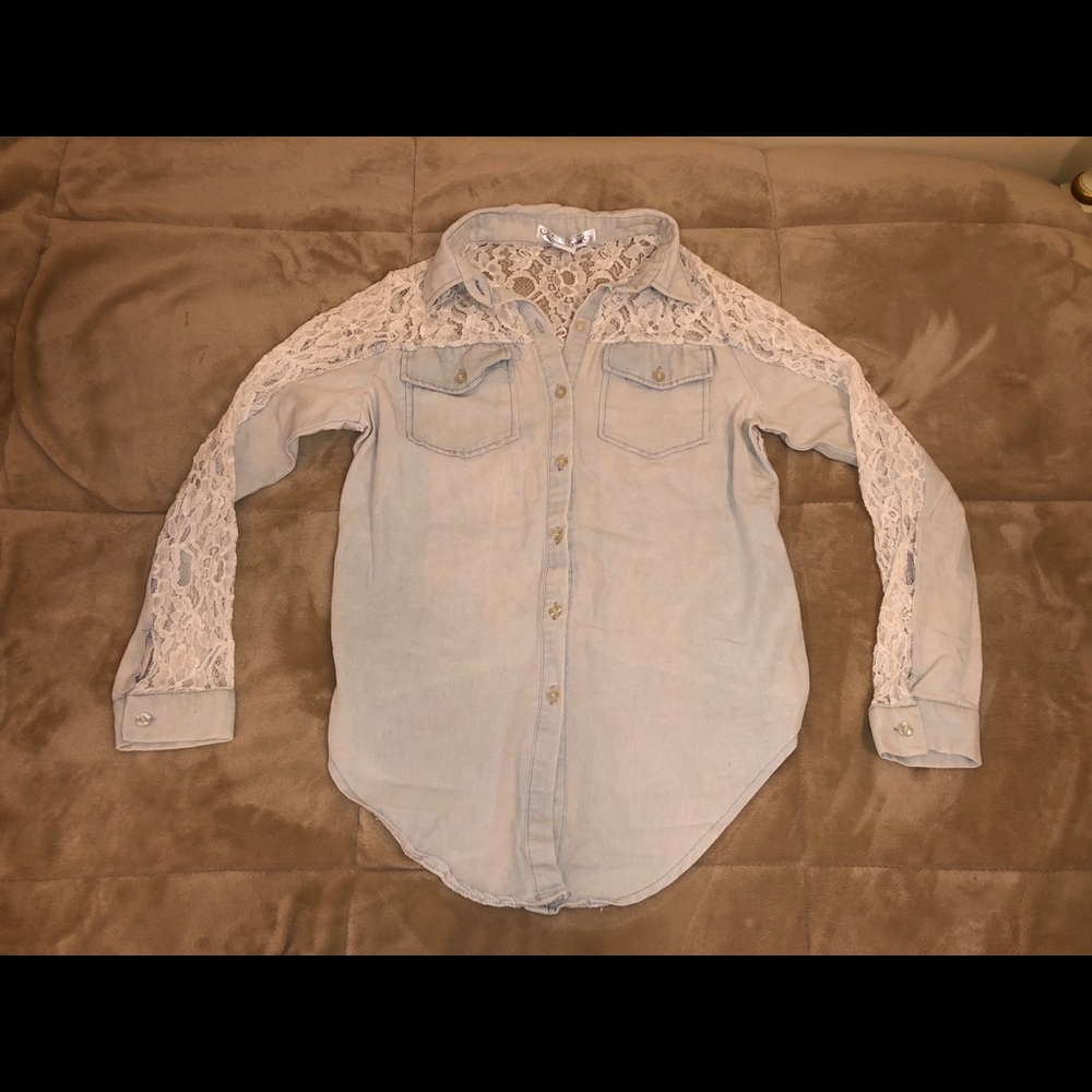 Light Blue Denim Long Sleeved Shirt w/ Lace Back